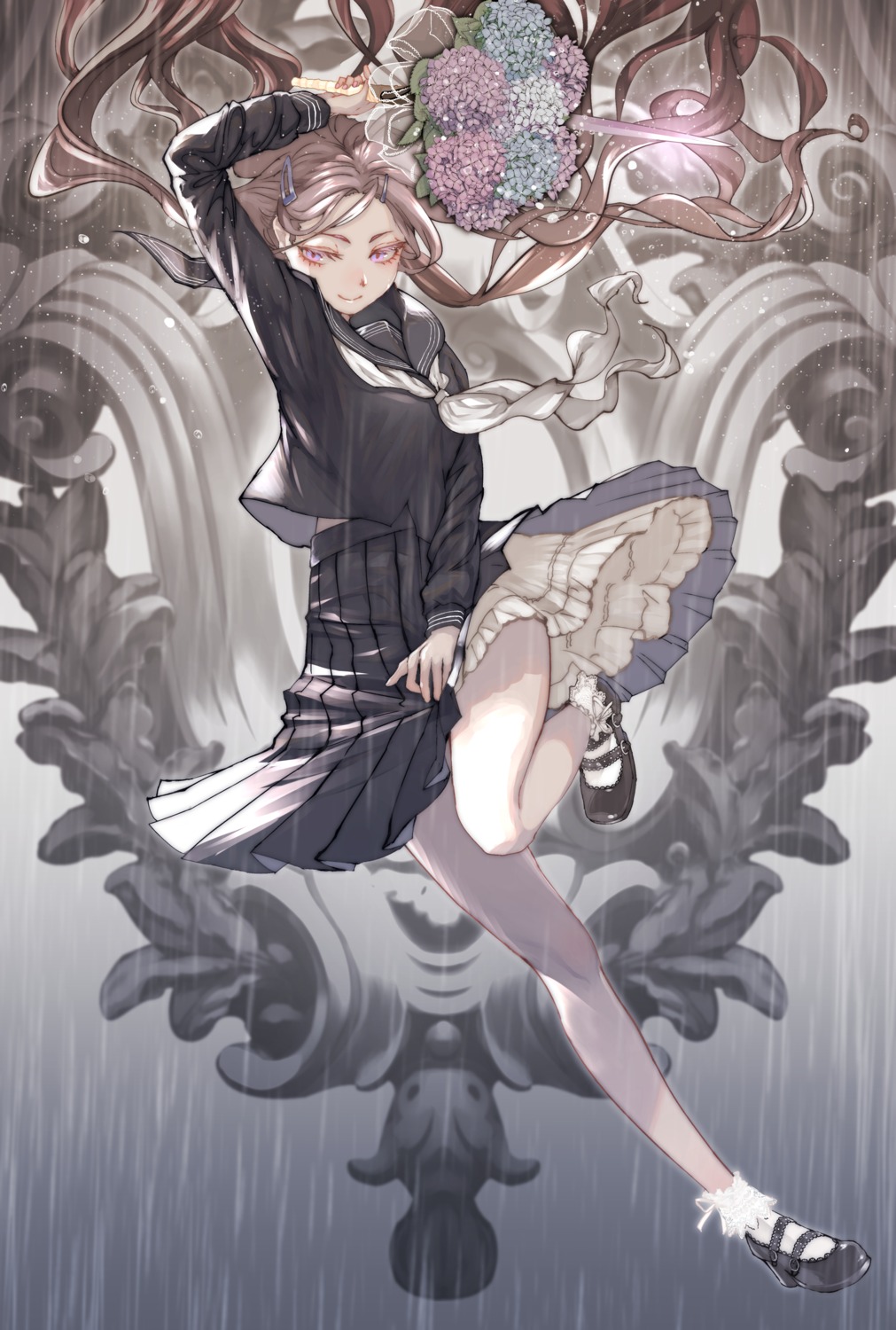 heels, maki_(artist), seifuku, skirt_lift, sword