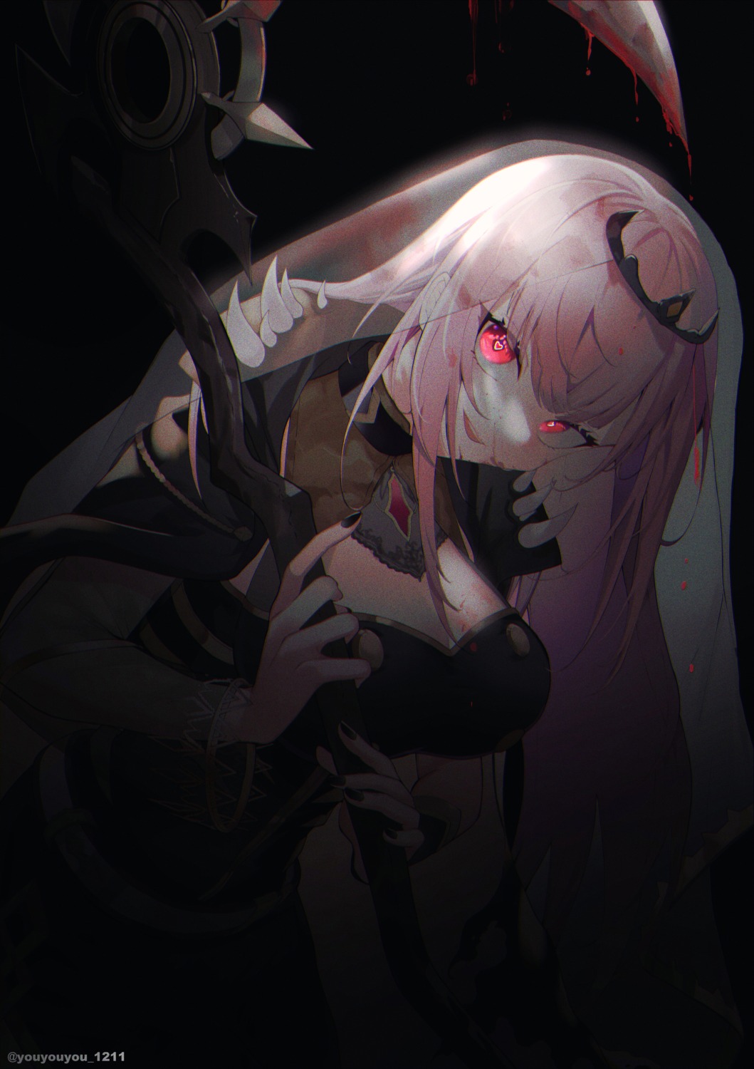 blood, cleavage, hololive, hololive_english, mori_calliope, weapon, youyouyou_1211