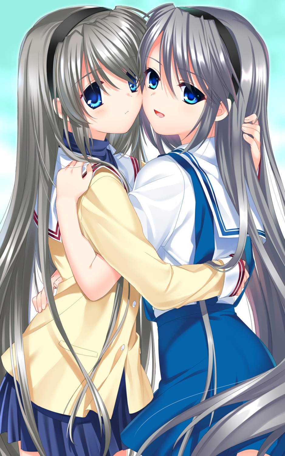 clannad, otou_(otou_san), sakagami_tomoyo, seifuku, sweater, symmetrical_docking, tomoyo_after_~it's_a_wonderful_life~, yuri