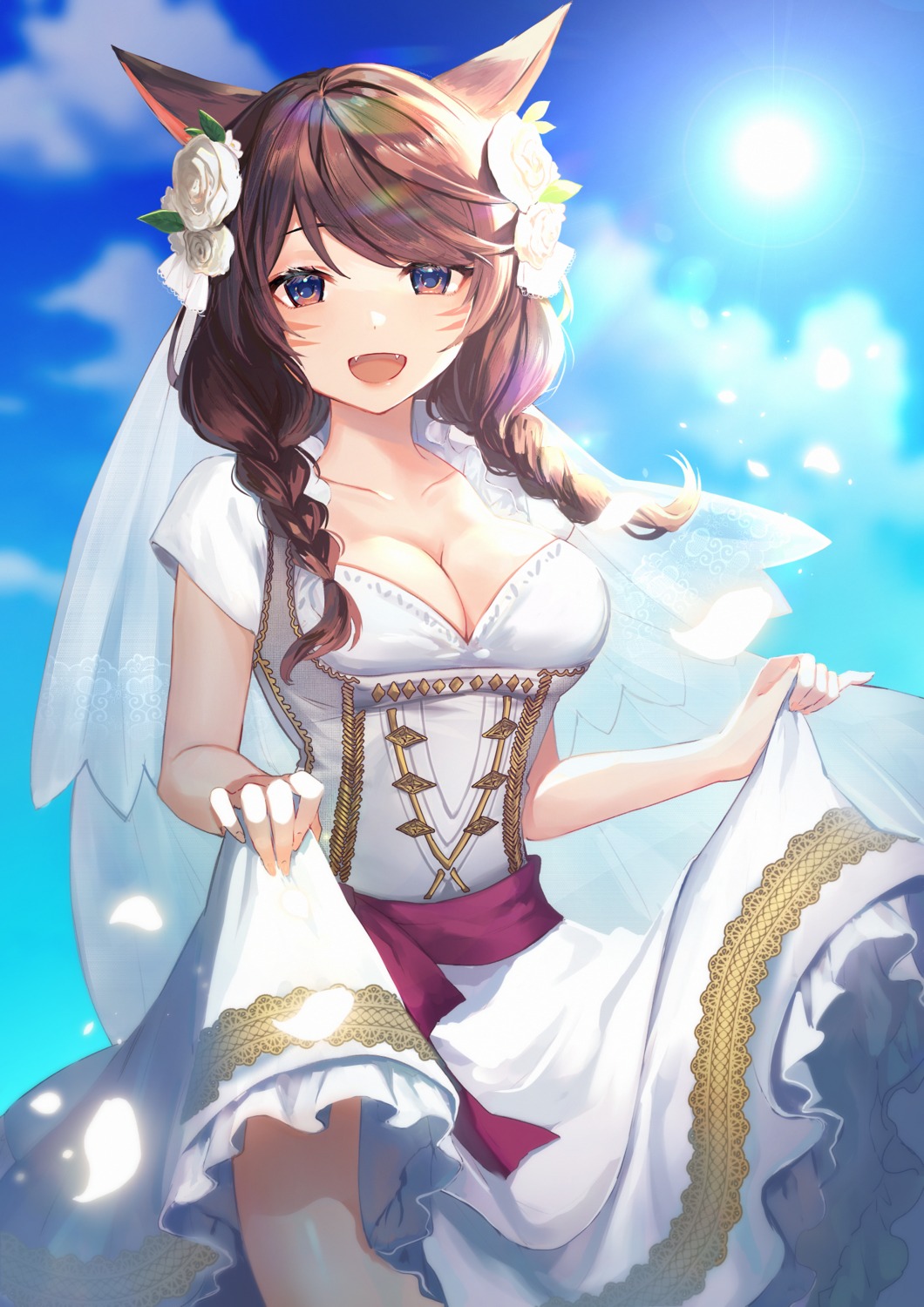 animal_ears, cleavage, dress, final_fantasy, final_fantasy_xiv, kura_noi, miqo'te, skirt_lift