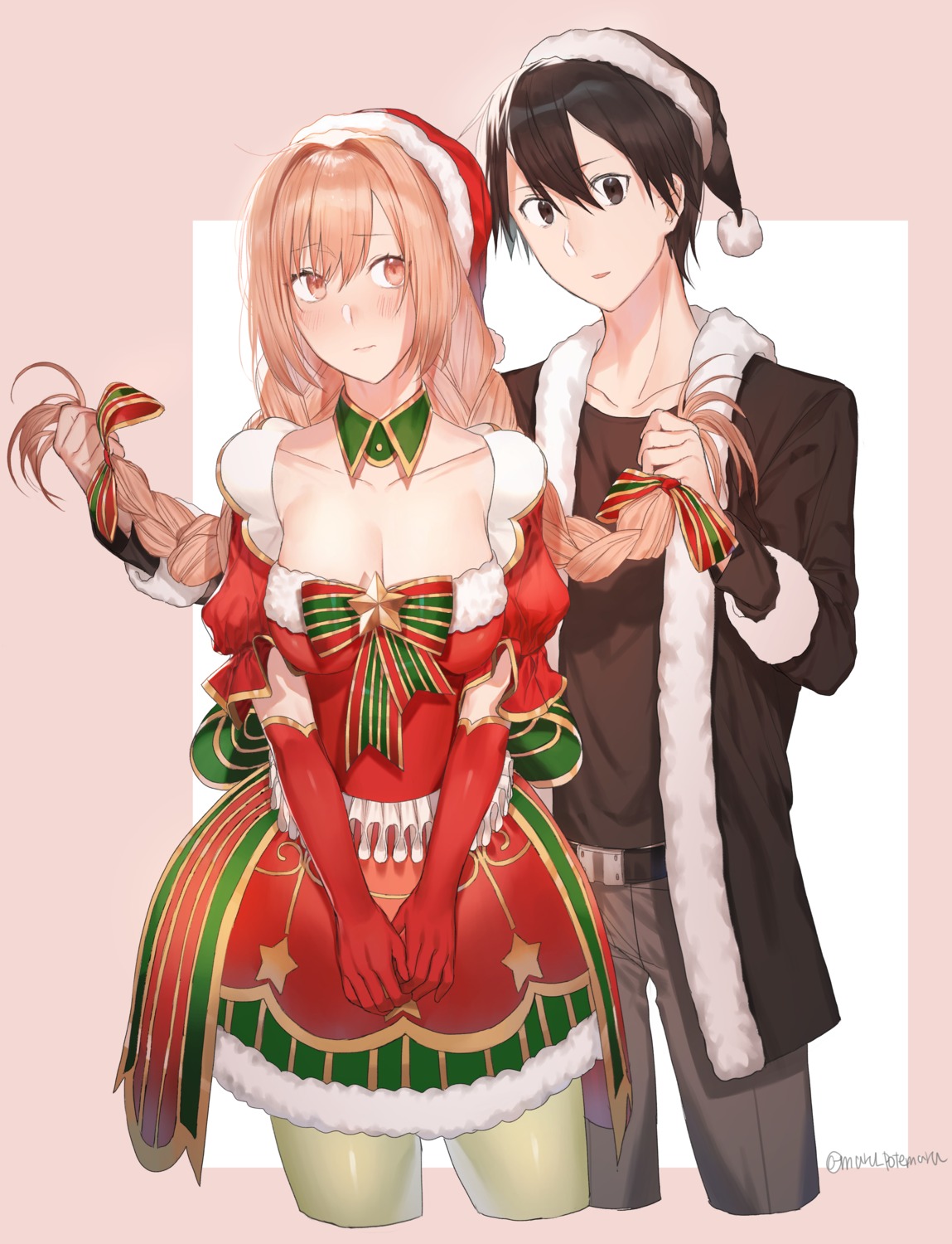 asuna_(sword_art_online), christmas, cleavage, kirito, no_bra, pantyhose, riko201008, sword_art_online