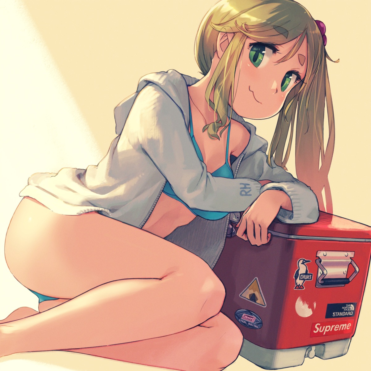 bikini, inuyama_aoi, minawa, open_shirt, sweater, swimsuits, yurucamp, yurucamp_&_heyacamp