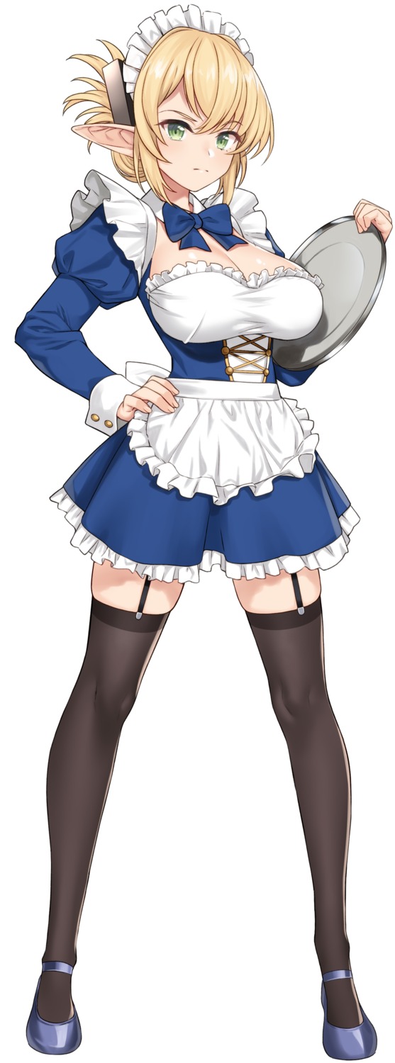 aegis_tia_aederlinde, cleavage, elf, enjo_kouhai, maid, pointy_ears, stockings, takunomi, thighhighs