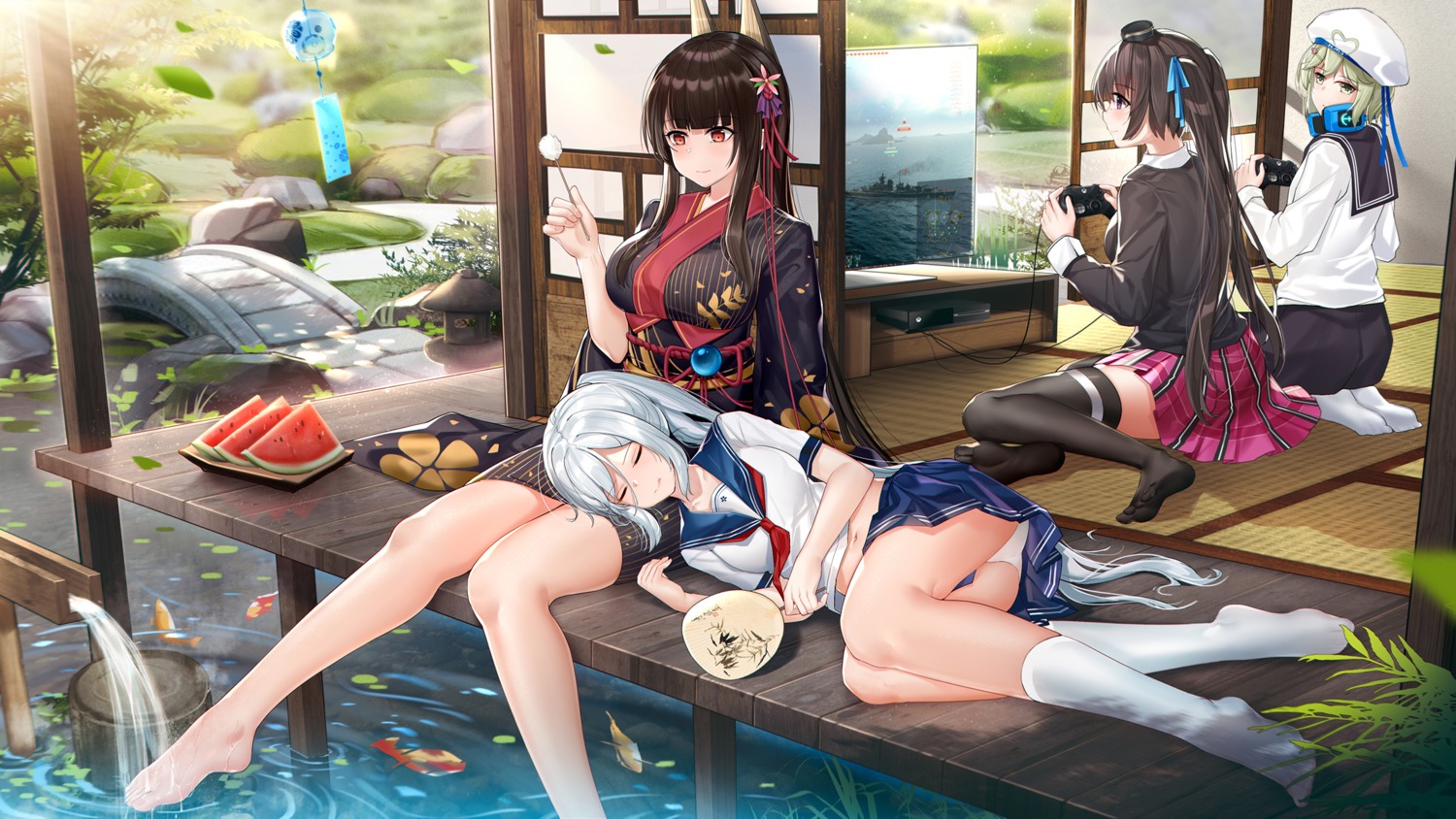 akagi_(zhanjianshaonv), animal_ears, feet, garter, headphones, japanese_clothes, pantsu, seifuku, skirt_lift, stardust_(chen'ai_weiding), thighhighs, wet, yuri, zhanjianshaonv