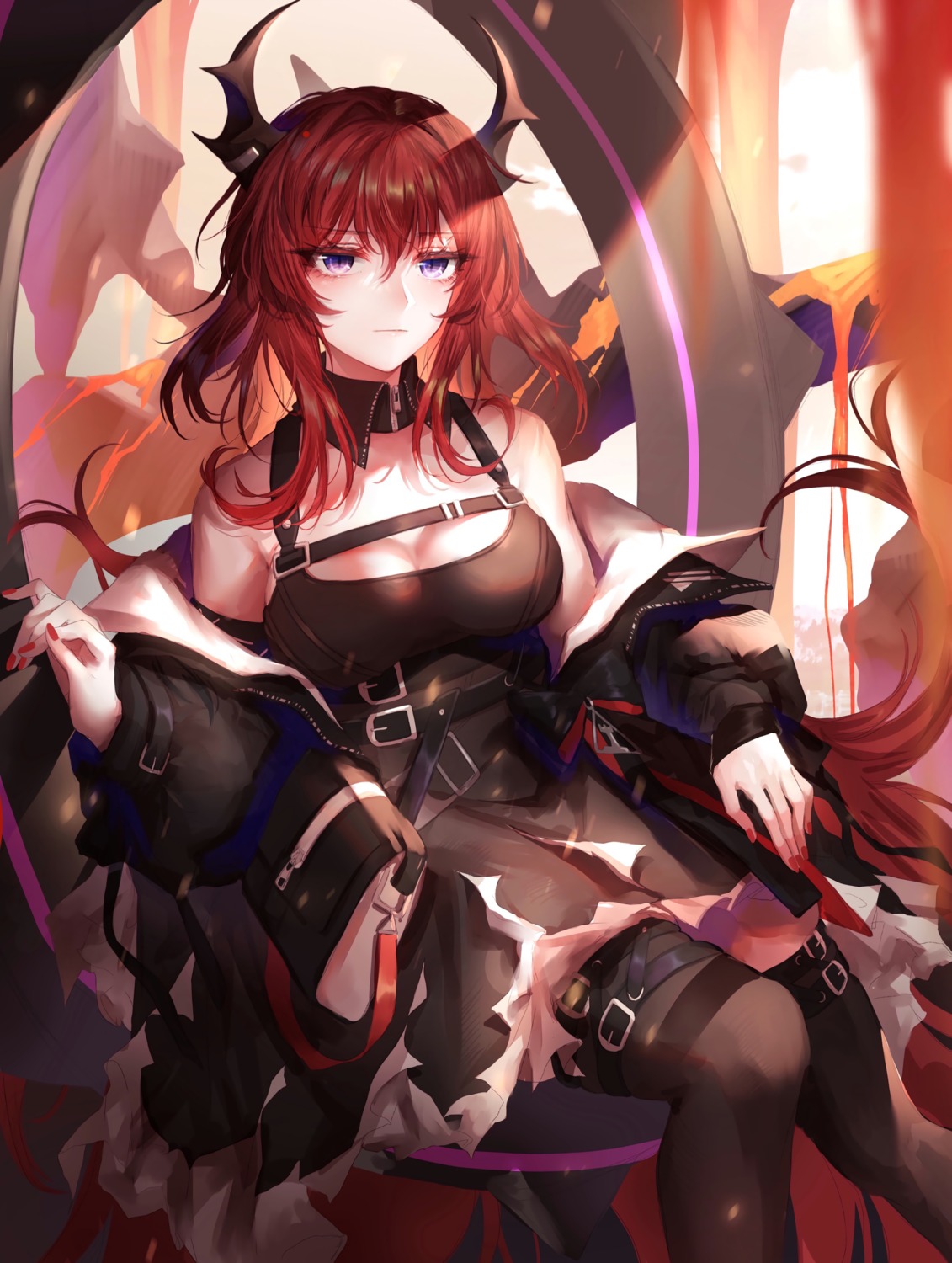 arknights, cleavage, garter, horns, surtr_(arknights), takano_jiyuu, thighhighs