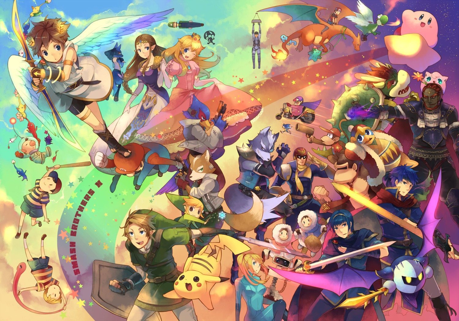 armor, bike_shorts, bodysuit, bowser, captain_falcon, charizard, crossover, diddy_kong, donkey_kong, donkey_kong_(character), dress, f-zero, falco_lombardi, fire_emblem, fox_mccloud, game_and_watch, ganondorf, garter, gun, hanokage, ice_climber, ice_climbers, ike, ivysaur, jigglypuff, kid_icarus, king_dedede, kirby, kirby_(character), link, lucario, lucas, luigi, mario, mario_bros., marth, meta_knight, metal_gear, metal_gear_solid, metroid, mother, mr._game_and_watch, nana_(ice_climber), ness, olimar, pikachu, pikmin, pit, pointy_ears, pokemon, pokemon_trainer, popo, princess_peach_toadstool, princess_zelda, r.o.b, samus_aran, skirt_lift, solid_snake, sonic, sonic_(character), squirtle, star_fox, super_smash_bros., sword, the_legend_of_zelda, wario, weapon, wings, wolf_o'donnell, yoshi