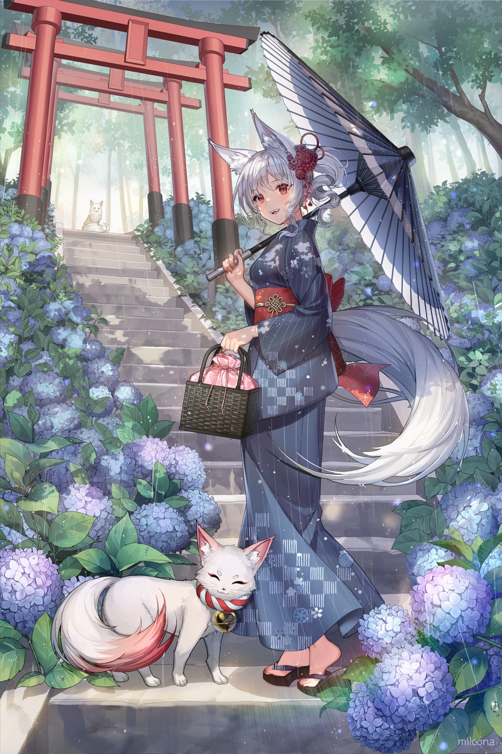 animal_ears, kitsune, milcona, tail, umbrella, yukata
