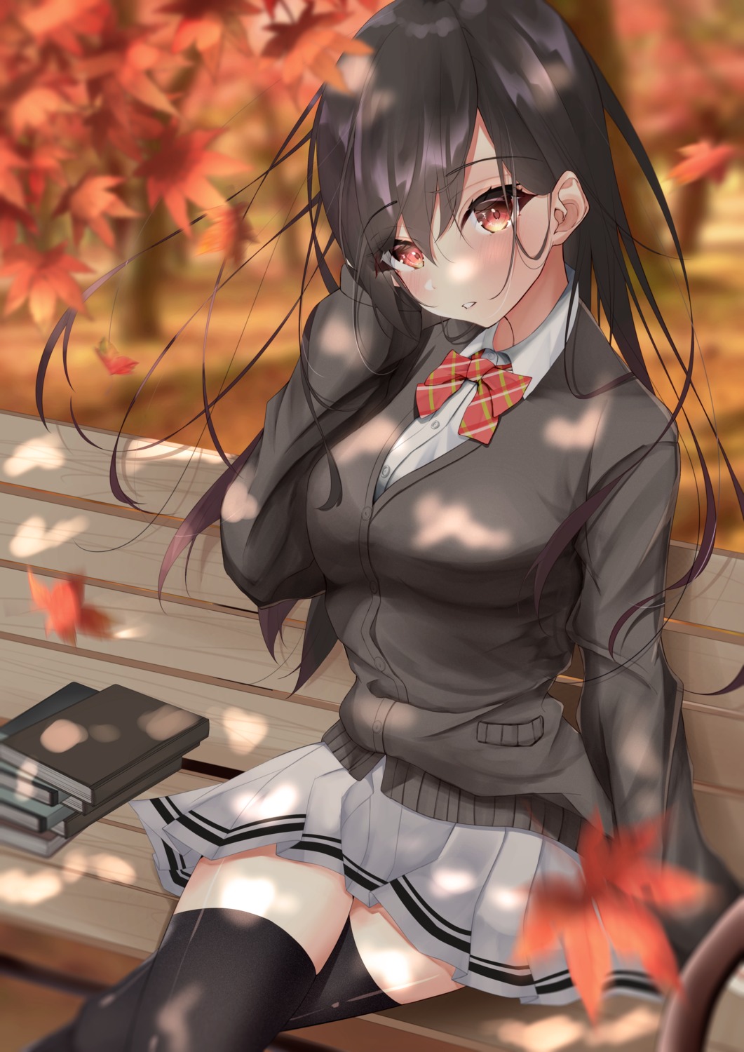 kunimine_yuzuki, seifuku, skirt_lift, sweater, thighhighs
