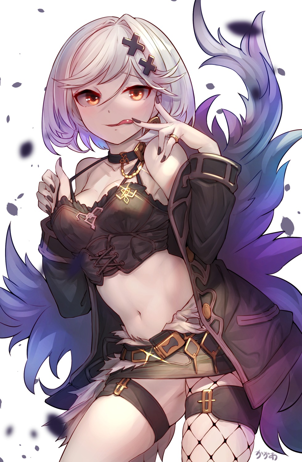 arpeggio_kaga, cleavage, djeeta_(granblue_fantasy), fishnets, garter, granblue_fantasy, open_shirt, skirt_lift
