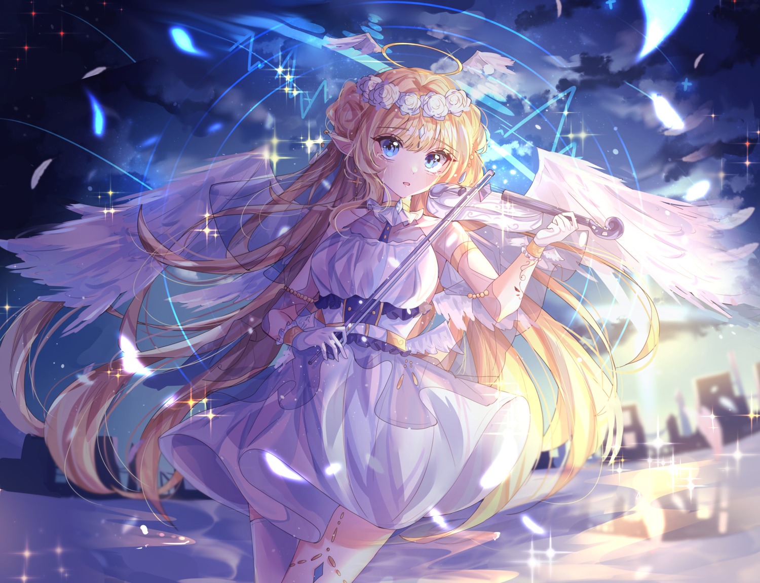 angel, dress, pointy_ears, see_through, thighhighs, wine_(2148_wine), wings