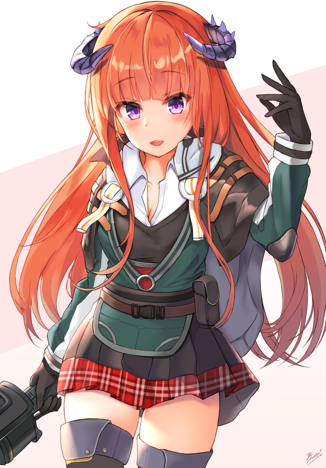aokabi_(aokabic), arknights, armor, bagpipe_(arknights), cleavage, horns, open_shirt, seifuku, thighhighs