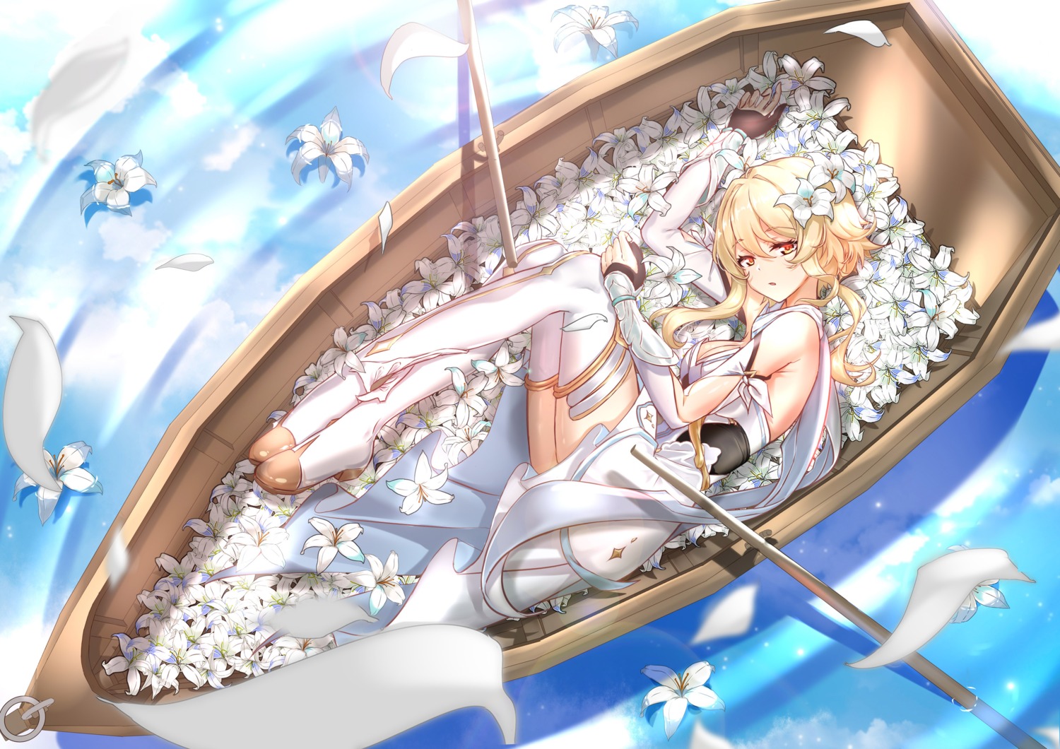 genshin_impact, heels, lazy_yuanying, lumine, skirt_lift, thighhighs