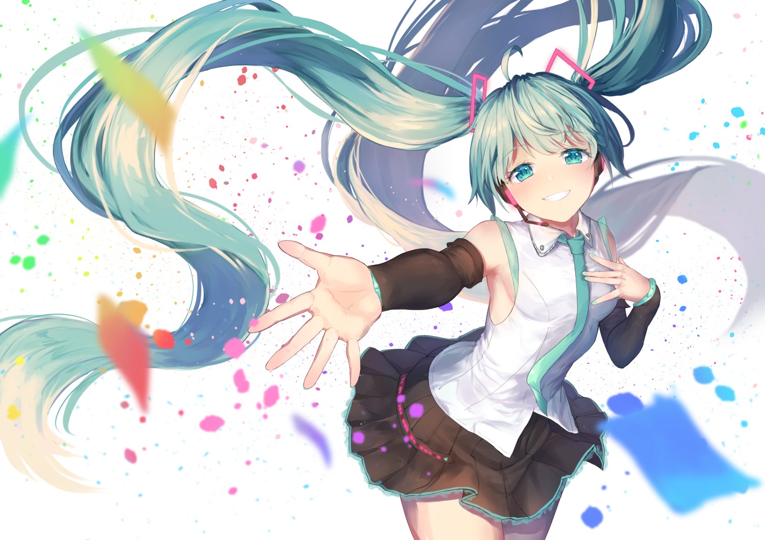 hatsune_miku, headphones, skirt_lift, vocaloid, yuzuha_wasa