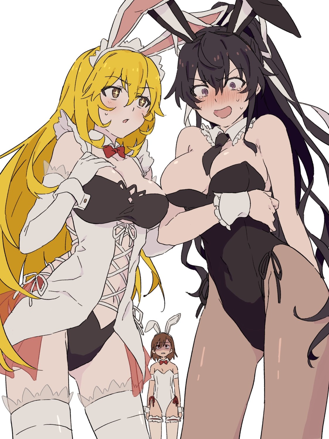 animal_ears, breast_hold, bunny_ears, bunny_girl, kanzaki_kaori, misaka_mikoto, no_bra, shokuhou_misaki, teruya_(6w6y), thighhighs, toaru_majutsu_no_index, wardrobe_malfunction