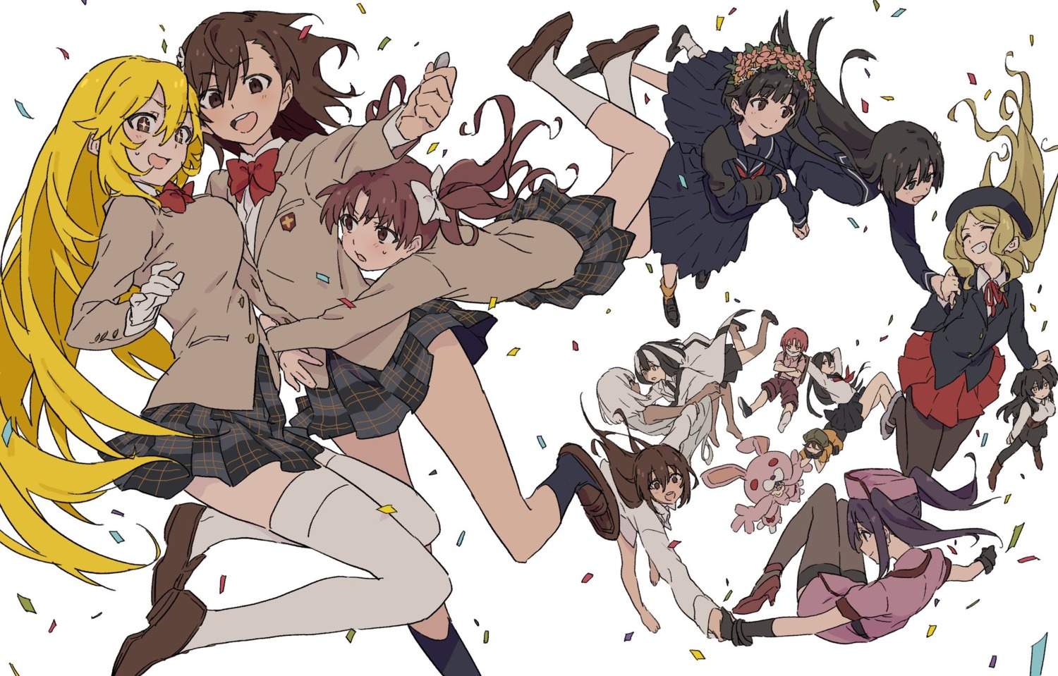 dolly, frenda_seivelun, heels, kouzaku_mitori, kuriba_ryouko, misaka_mikoto, nurse, pantyhose, saten_ruiko, seifuku, shirai_kuroko, shokuhou_misaki, skirt_lift, teruya_(6w6y), thighhighs, toaru_kagaku_no_railgun, toaru_majutsu_no_index, uiharu_kazari, yumiya_rakko, yuri