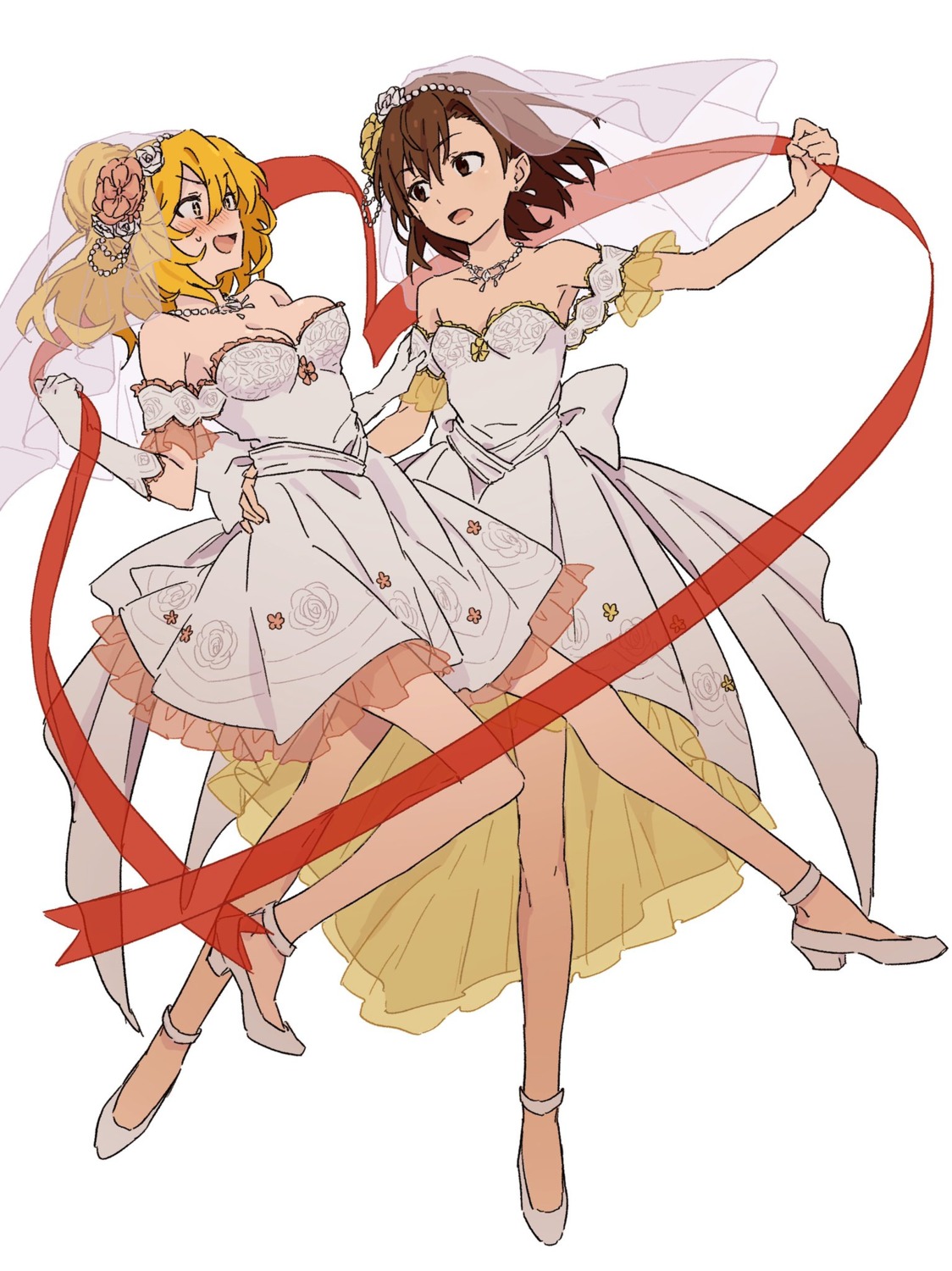 cleavage, dress, heels, misaka_mikoto, no_bra, see_through, shokuhou_misaki, teruya_(6w6y), toaru_kagaku_no_railgun, toaru_majutsu_no_index, wedding_dress, yuri