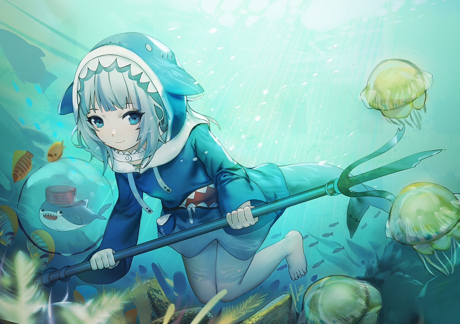 dress, gawr_gura, hololive, hololive_english, siyumu, skirt_lift, tail, weapon