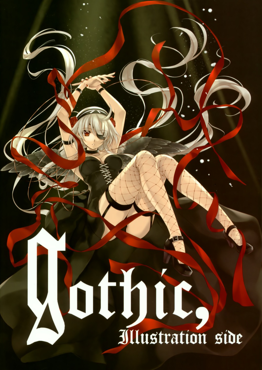 cleavage, cradle, eyepatch, fishnets, kuroi_goth_loli_no_shoujo, misaki_kurehito, pantsu, thighhighs, tokyo_cpe, wings