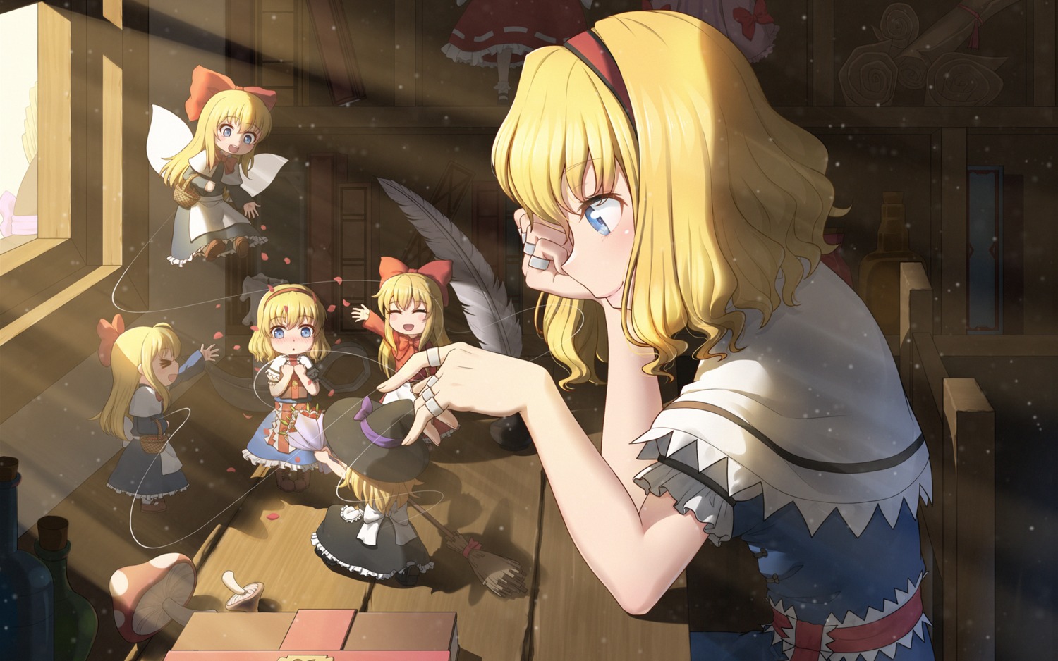 alice_margatroid, anarchojs, chibi, dress, kirisame_marisa, shanghai_doll, touhou, wallpaper