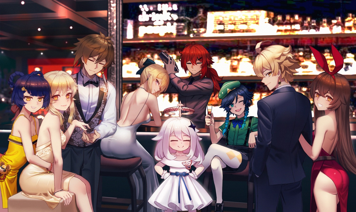 aether, amber_(genshin_impact), ass, business_suit, diluc, dress, freze, genshin_impact