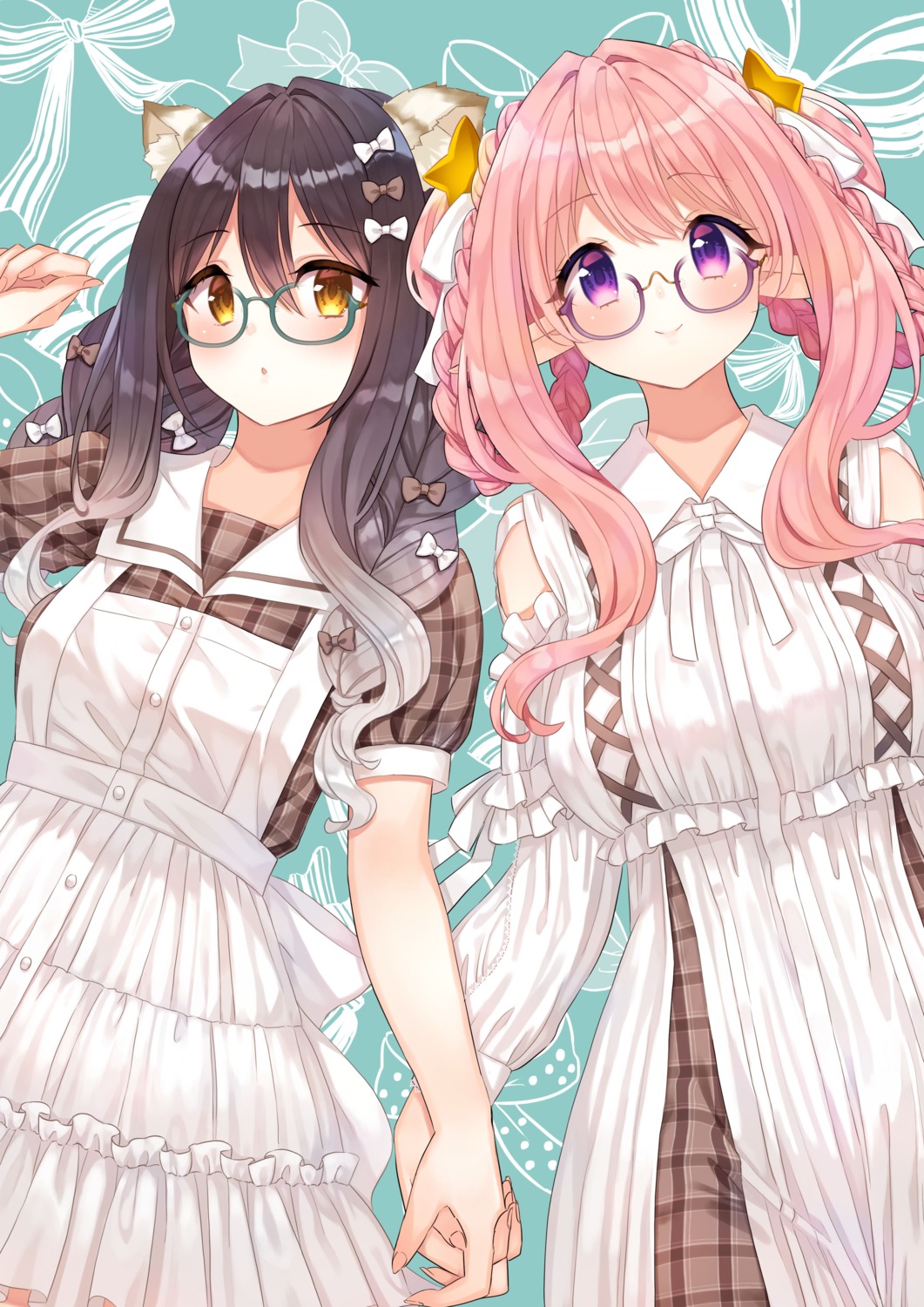 animal_ears, dress, kashiwazaki_hatsune, kashiwazaki_shiori, megane, nekomimi, pointy_ears, princess_connect!, princess_connect!_re:dive, shelty_(childcatshiorin), yuri