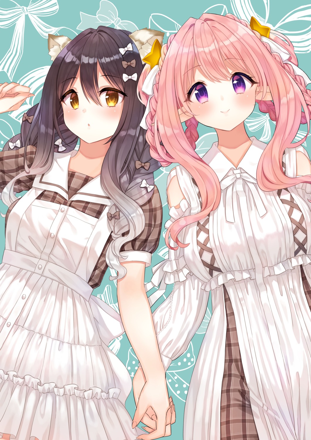 animal_ears, dress, kashiwazaki_hatsune, kashiwazaki_shiori, nekomimi, pointy_ears, princess_connect!, princess_connect!_re:dive, shelty_(childcatshiorin), yuri