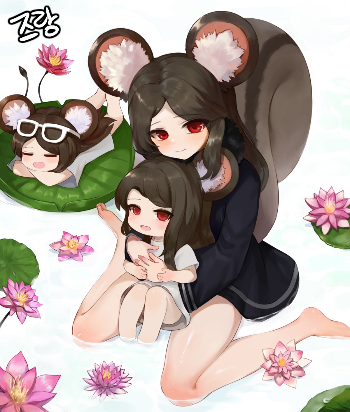 animal_ears, dokomon, dress, megane, skirt_lift, tail, wet