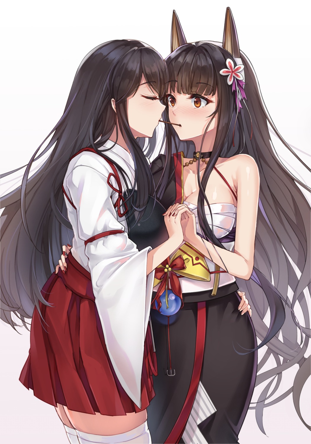 akagi_(kancolle), akagi_(zhanjianshaonv), animal_ears, aoi_(buzhuen444), crossover, japanese_clothes, kantai_collection, sarashi