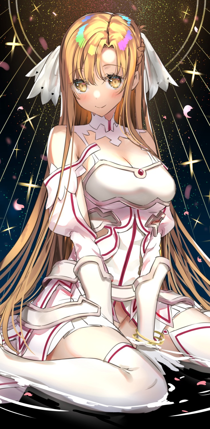 armor, asahina_hikage, asuna_(sword_art_online), cleavage, dress, sword_art_online, sword_art_online_alicization, thighhighs, wet