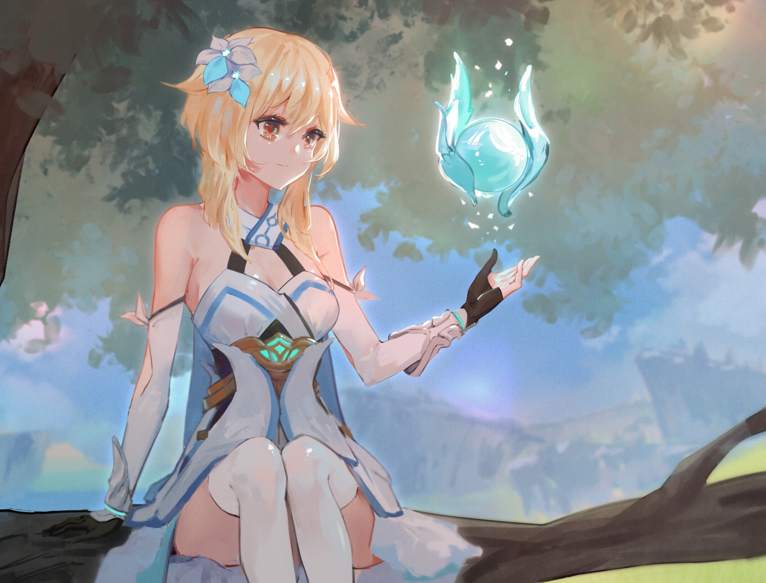 cleavage, dress, genshin_impact, kisei2, lumine, thighhighs