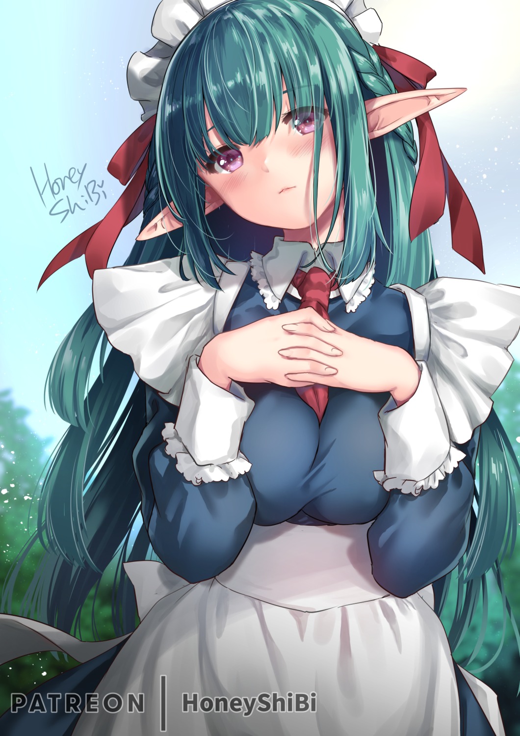 breast_hold, elf, maid, official_watermark, pointy_ears, shibi
