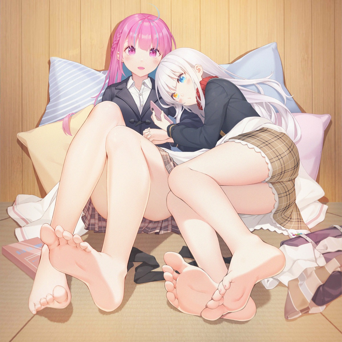 crossover, feet, heterochromia, hololive, kagura_mea, kagura_mea_channel, minato_aqua, seifuku, sweater, yinqi, yuri