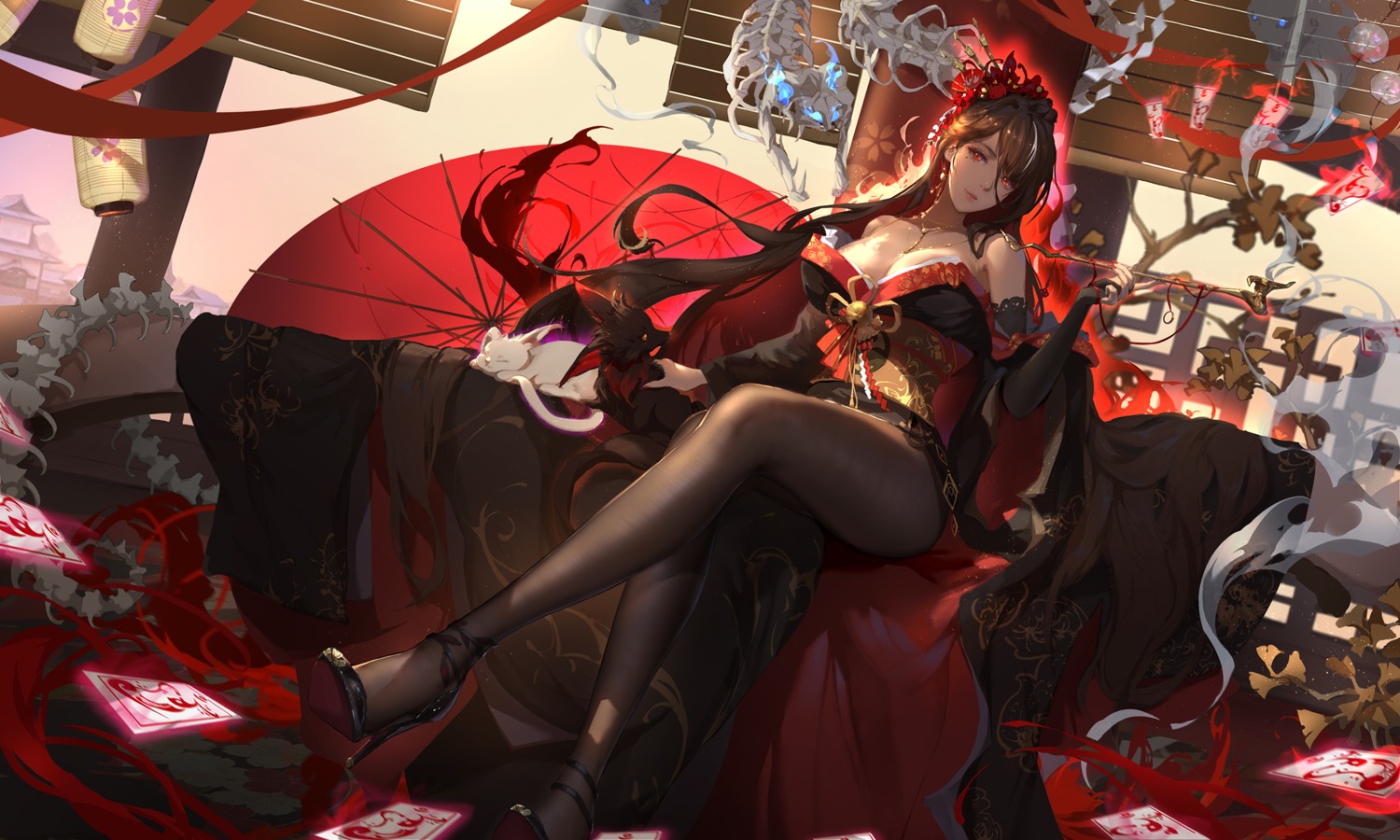 heels, japanese_clothes, no_bra, open_shirt, pantyhose, taichi_(yirkorn)