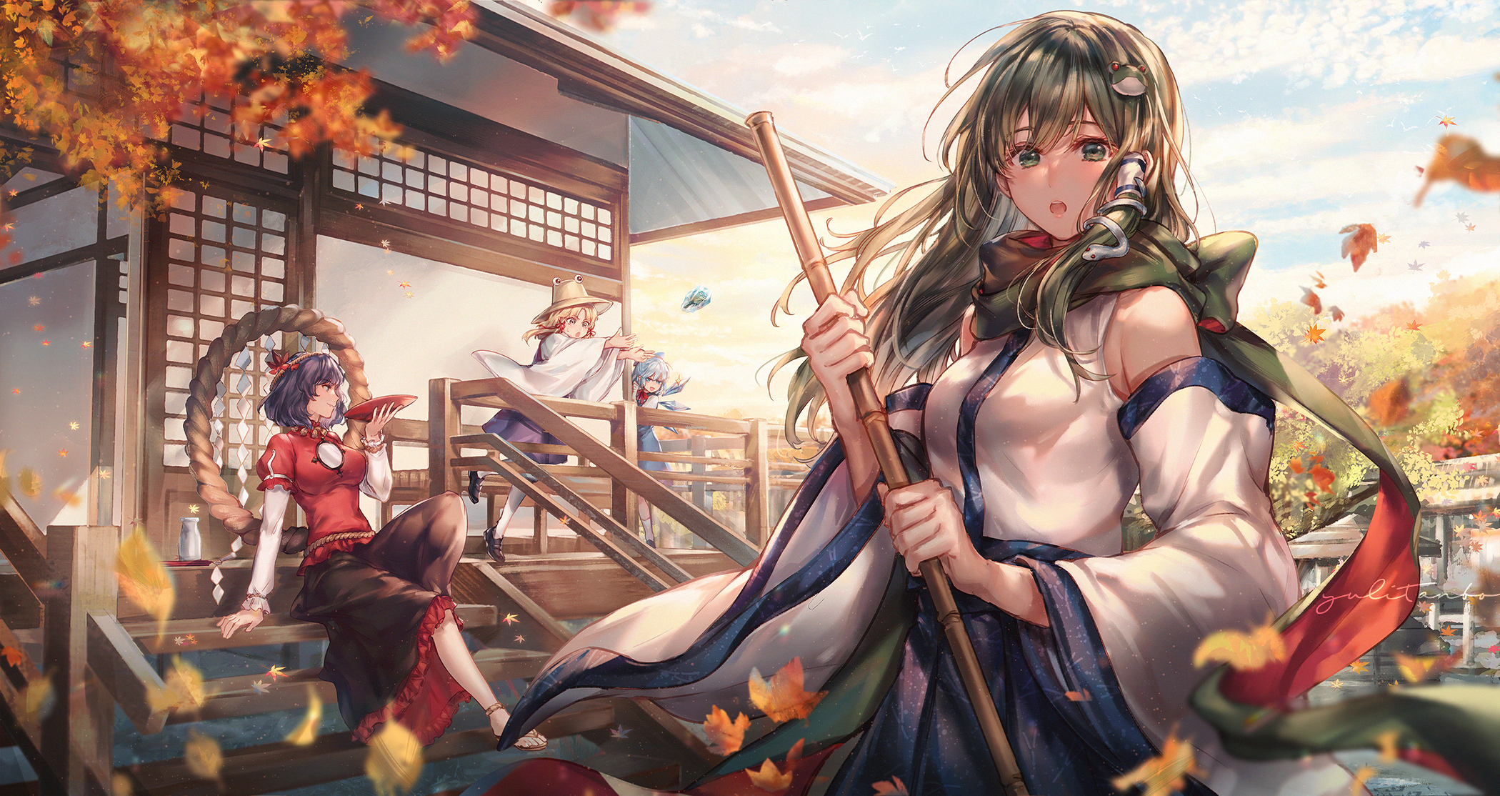 cirno, japanese_clothes, kochiya_sanae, moriya_suwako, skirt_lift, touhou, wings, yasaka_kanako