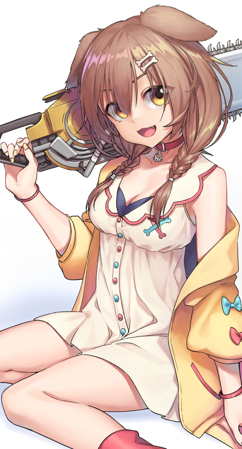 animal_ears, bra, chainsaw, cleavage, dress, hololive, hololive_gamers, inugami_korone