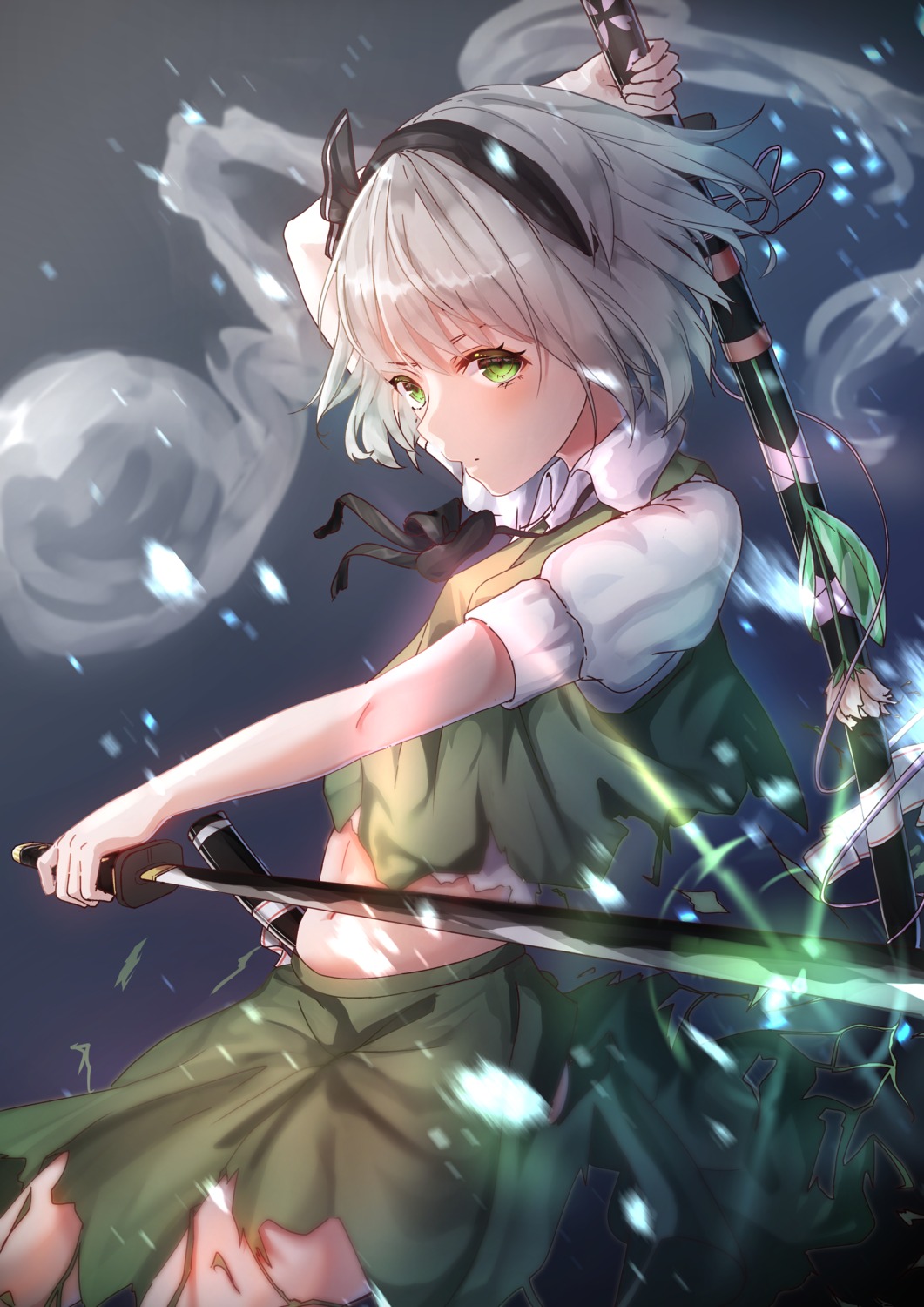 konpaku_youmu, rei_(farta_litia), skirt_lift, sword, torn_clothes, touhou