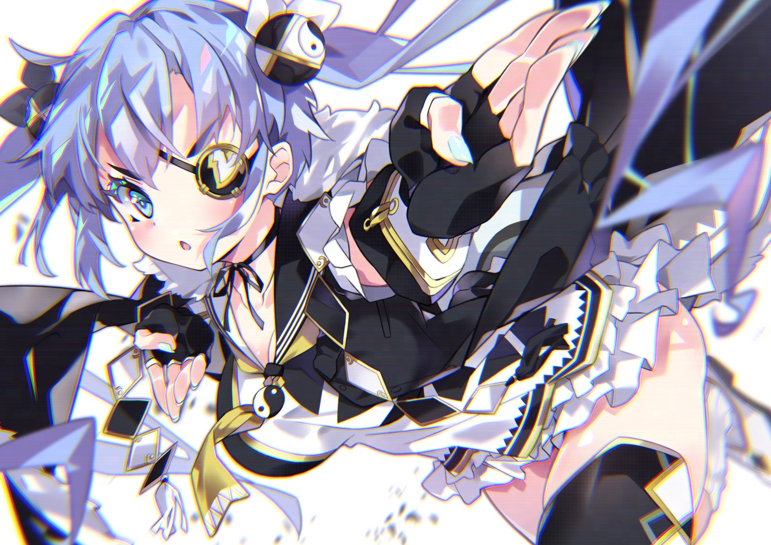cleavage, eyepatch, harui, seifuku, skirt_lift, thighhighs