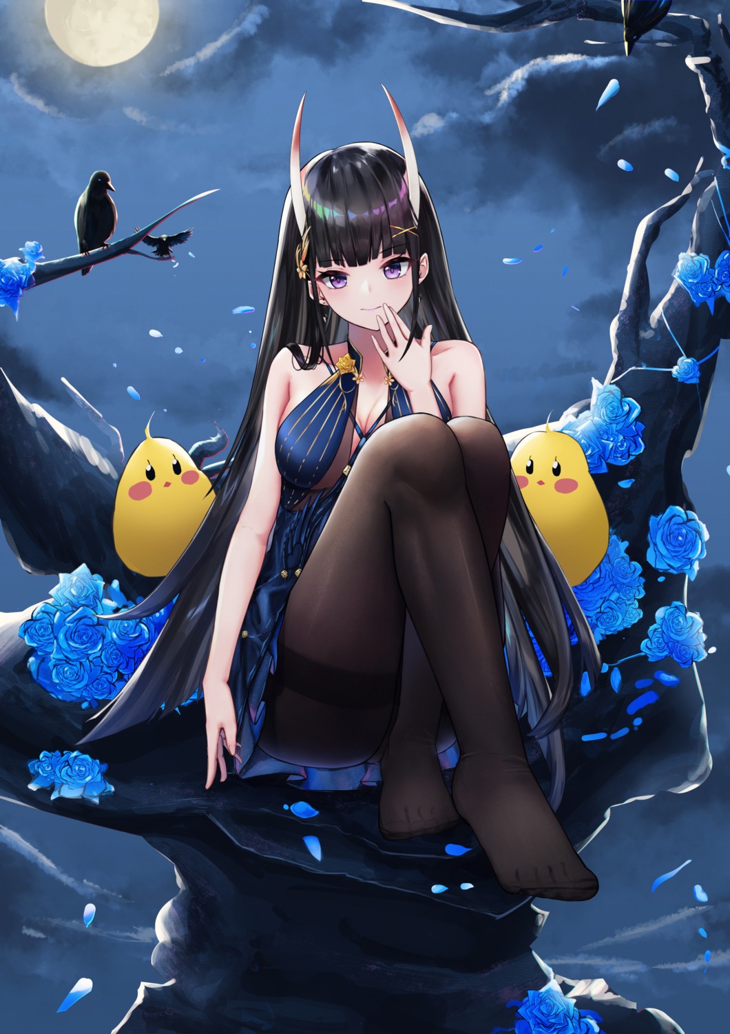 azur_lane, cleavage, dress, feet, horns, lim_(ramu), manjuu_(azur_lane), no_bra, noshiro_(azur_lane), pantyhose, skirt_lift