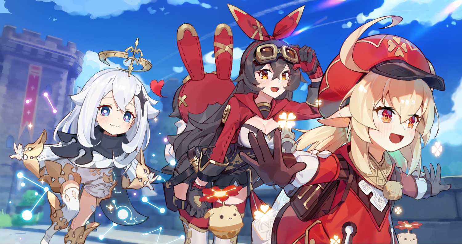amber_(genshin_impact), cleavage, genshin_impact, klee, paimon, pointy_ears, sunligh_mao, thighhighs