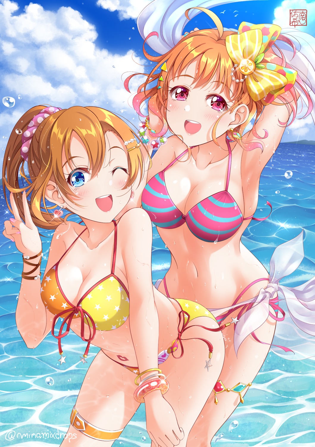 bikini, cleavage, garter, kousaka_honoka, love_live!, love_live!_(series), love_live!_sunshine!!, minamixdrops, swimsuits, takami_chika, wet