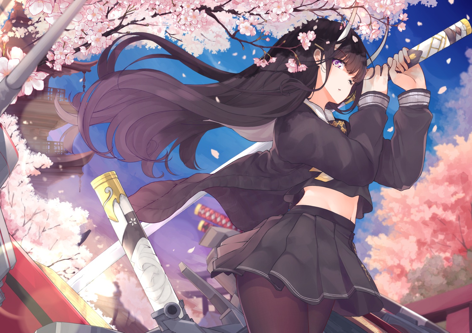 azur_lane, horns, miya_ur, noshiro_(azur_lane), pantyhose, seifuku, skirt_lift, sword