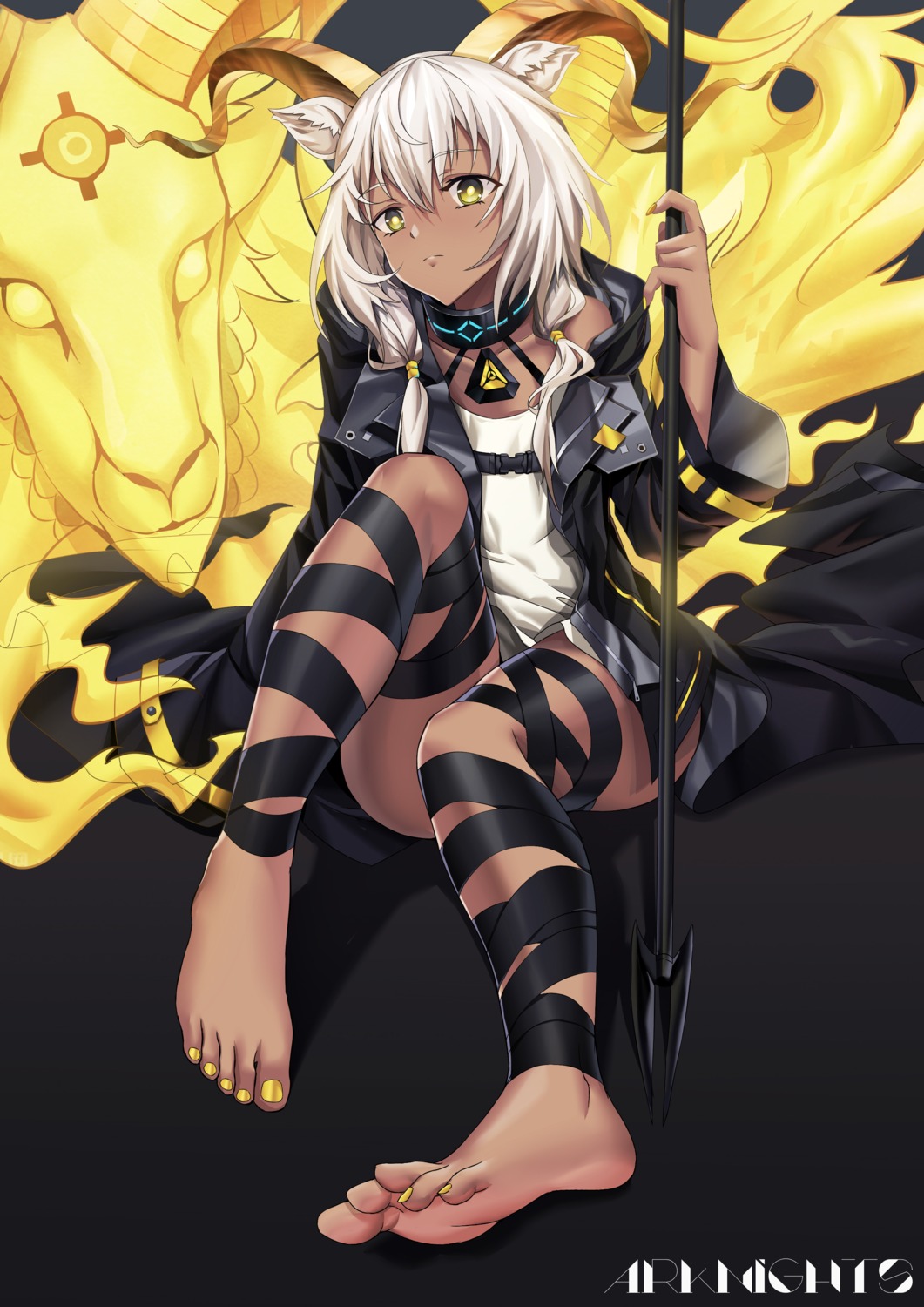 animal_ears, arknights, beeswax_(arknights), feet, horns, weapon, xo_(xo17800108)