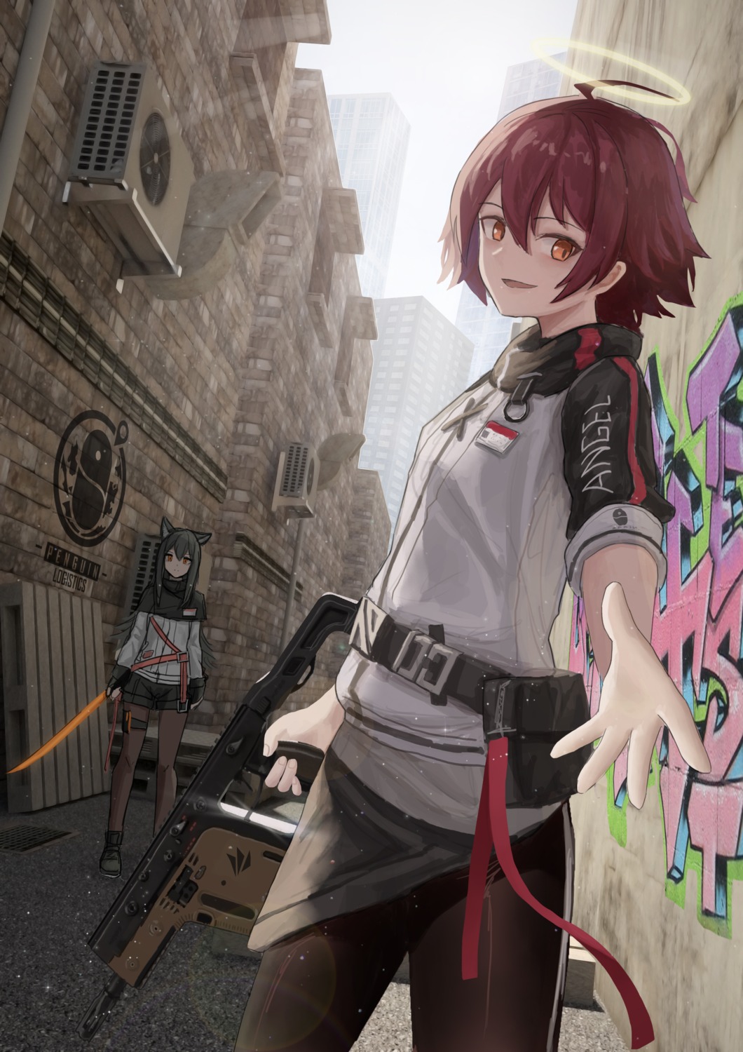 andy2465, angel, animal_ears, arknights, exusiai_(arknights), garter, gun, inumimi, pantyhose, sword, texas_(arknights), uniform