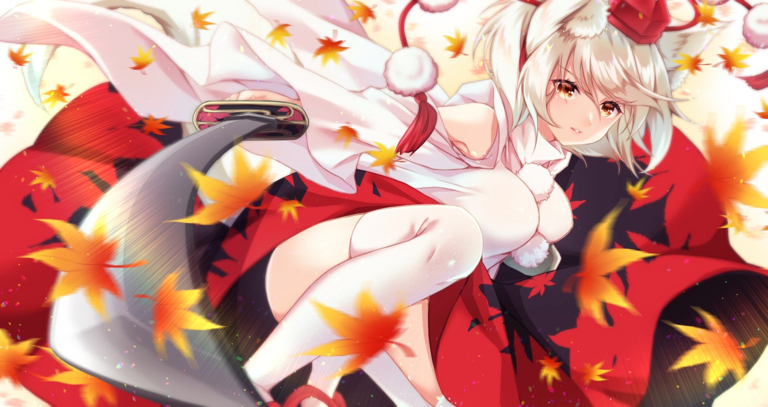 animal_ears, baretto_(firearms_1), inubashiri_momiji, japanese_clothes, skirt_lift, sword, touhou