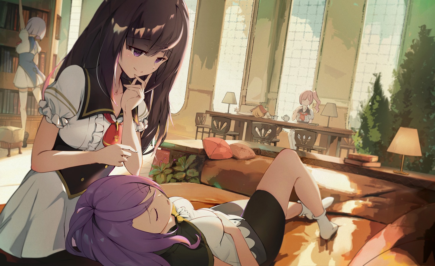 alpha_(lapis_re:lights), bike_shorts, e04_error, emilia_(lapis_re:lights), garnet_(lapis_re:lights), lapis_re:lights, salsa_(lapis_re:lights), seifuku, thighhighs, yuri