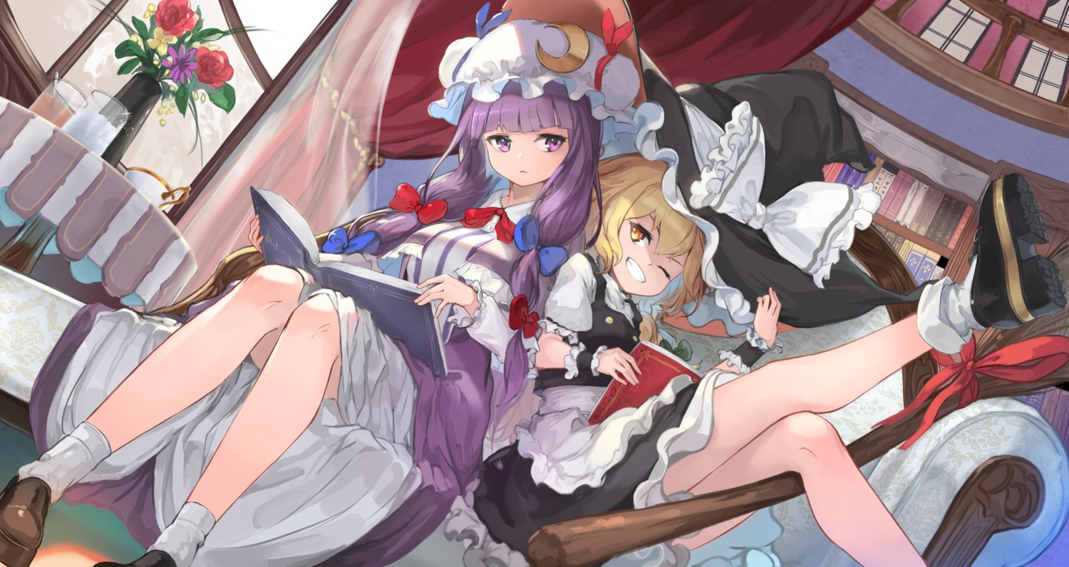 akira0171, kirisame_marisa, patchouli_knowledge, skirt_lift, touhou, witch