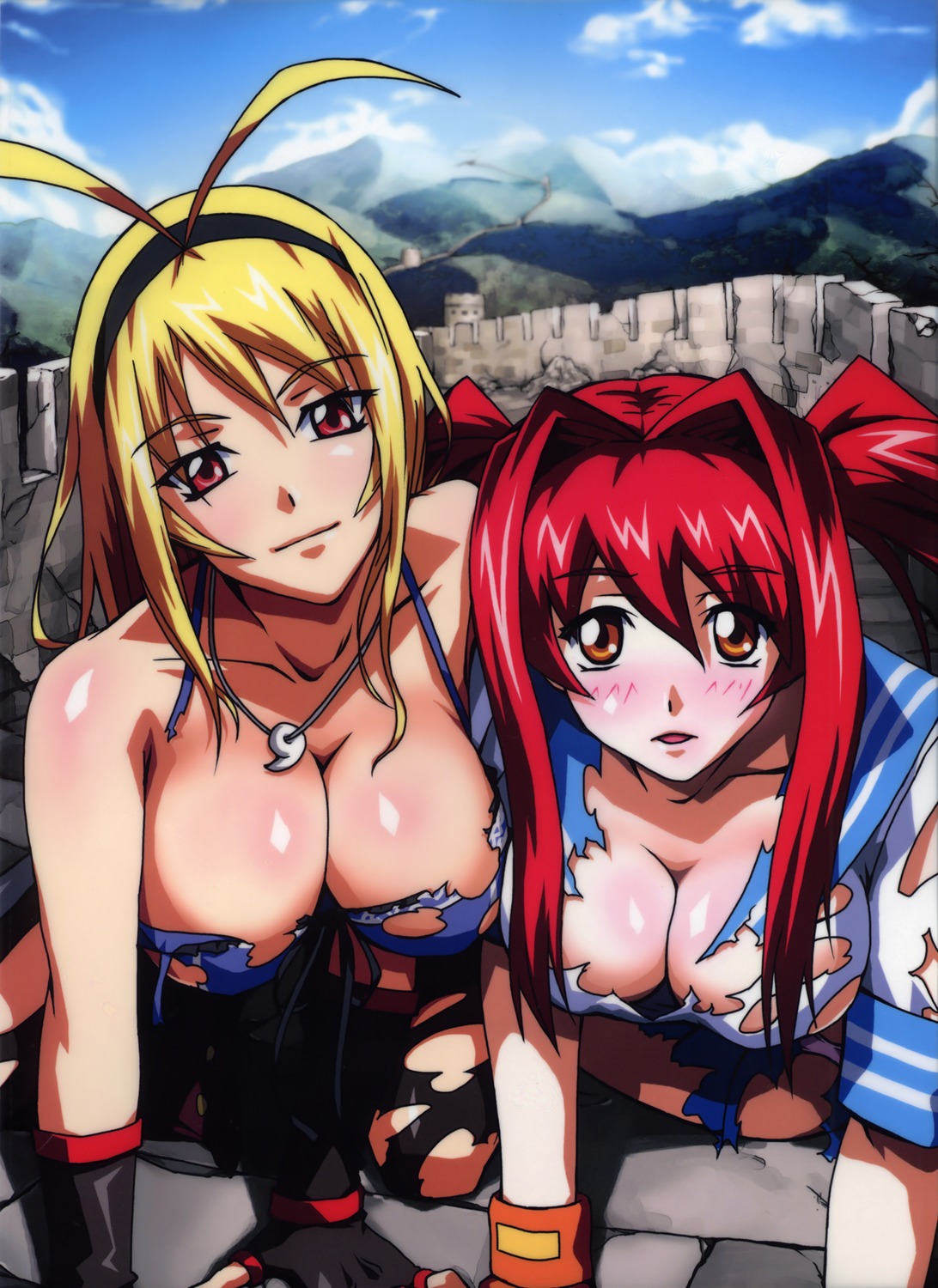 chou-sen, cleavage, ikkitousen, ikkitousen~eloquent_fist~, kanpei, no_bra, seifuku, thighhighs, torn_clothes