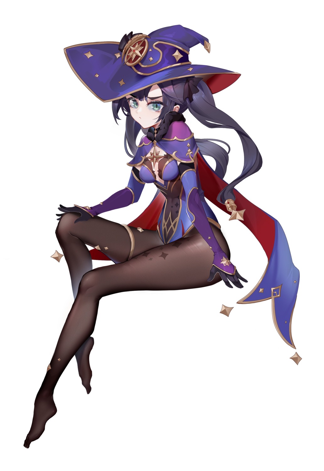 cleavage, garter, genshin_impact, leotard, mona_megistus, no_bra, pantyhose, witch