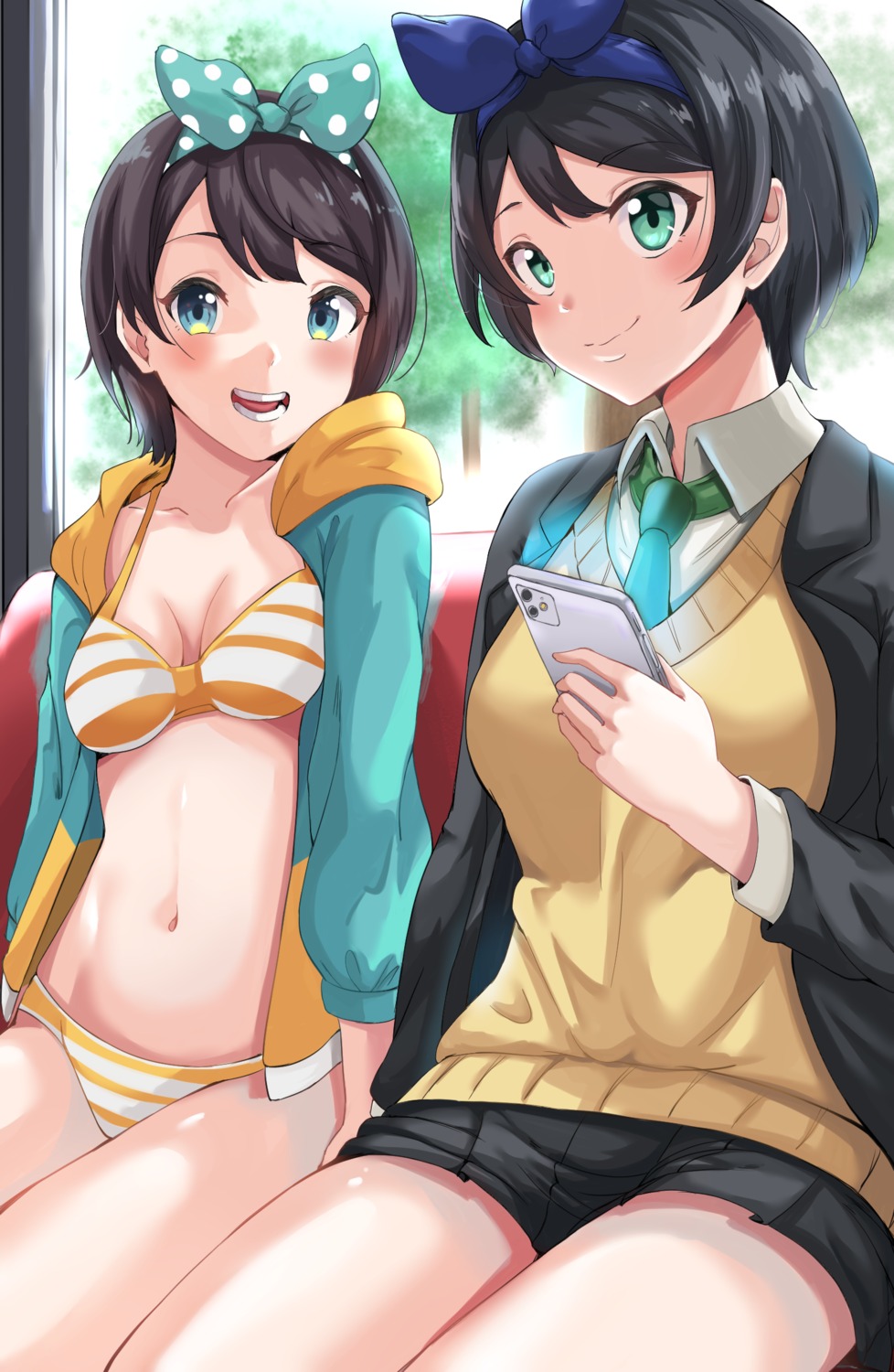 bikini, cleavage, crossover, hololive, kanojo_okarishimasu, oozora_subaru, open_shirt, razzdrawing, sarashina_ruka, seifuku, sweater, swimsuits