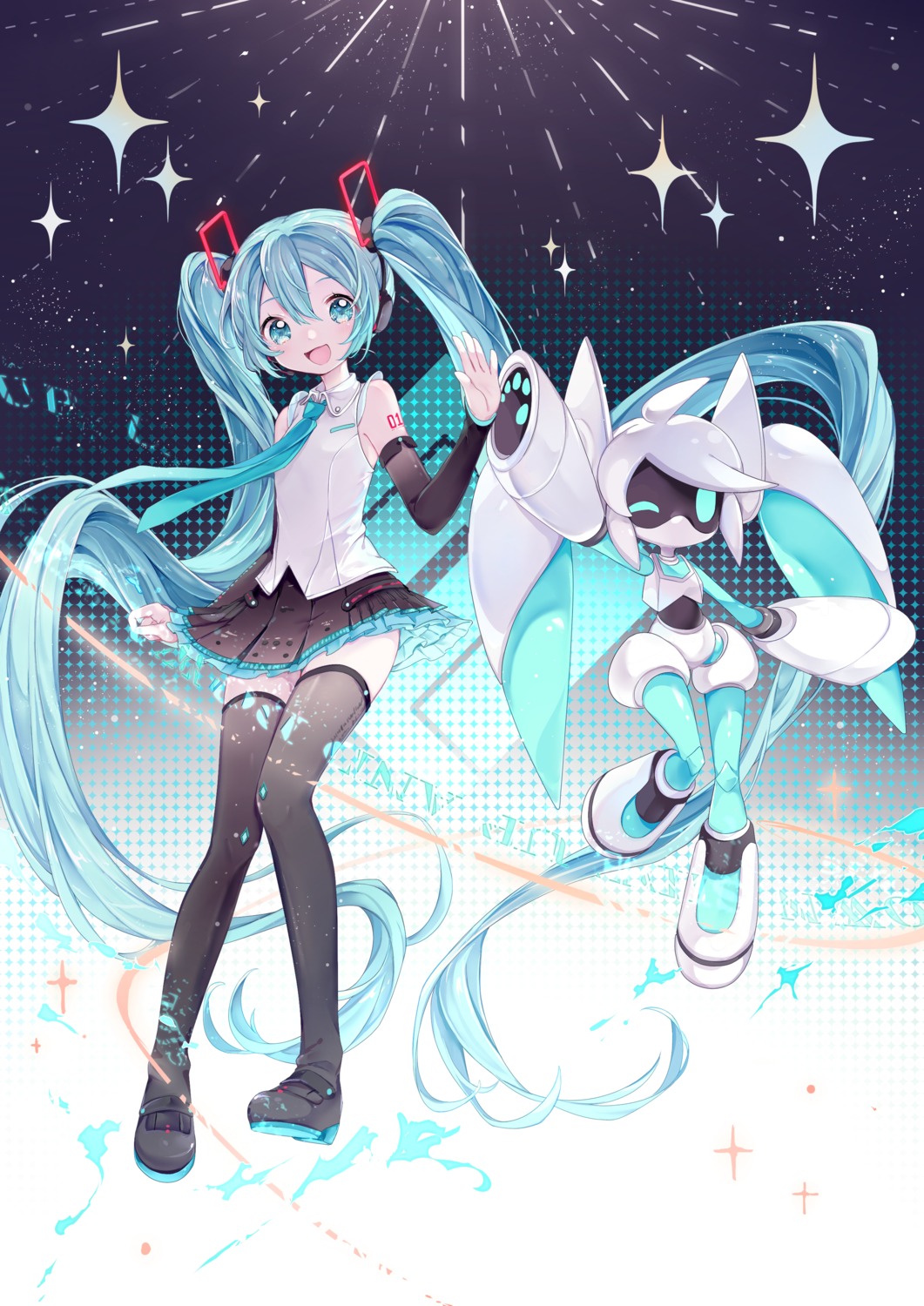 hatsune_miku, headphones, mecha_musume, nishina_hima, tattoo, thighhighs, vocaloid